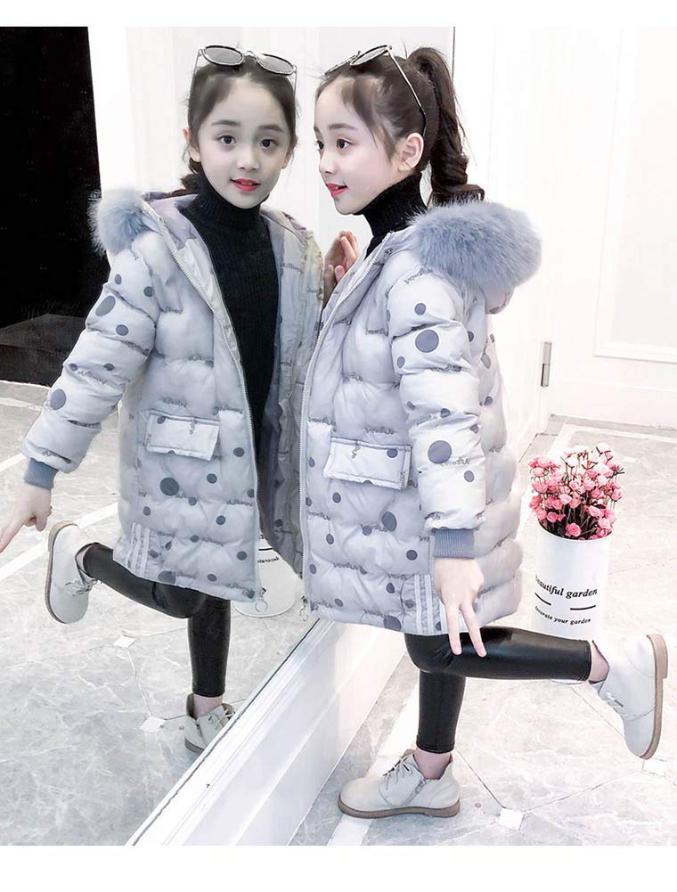 Piumino da Bambina con Stampa a pois Bambina con Ricamo Lungo Piumino con Cappuccio