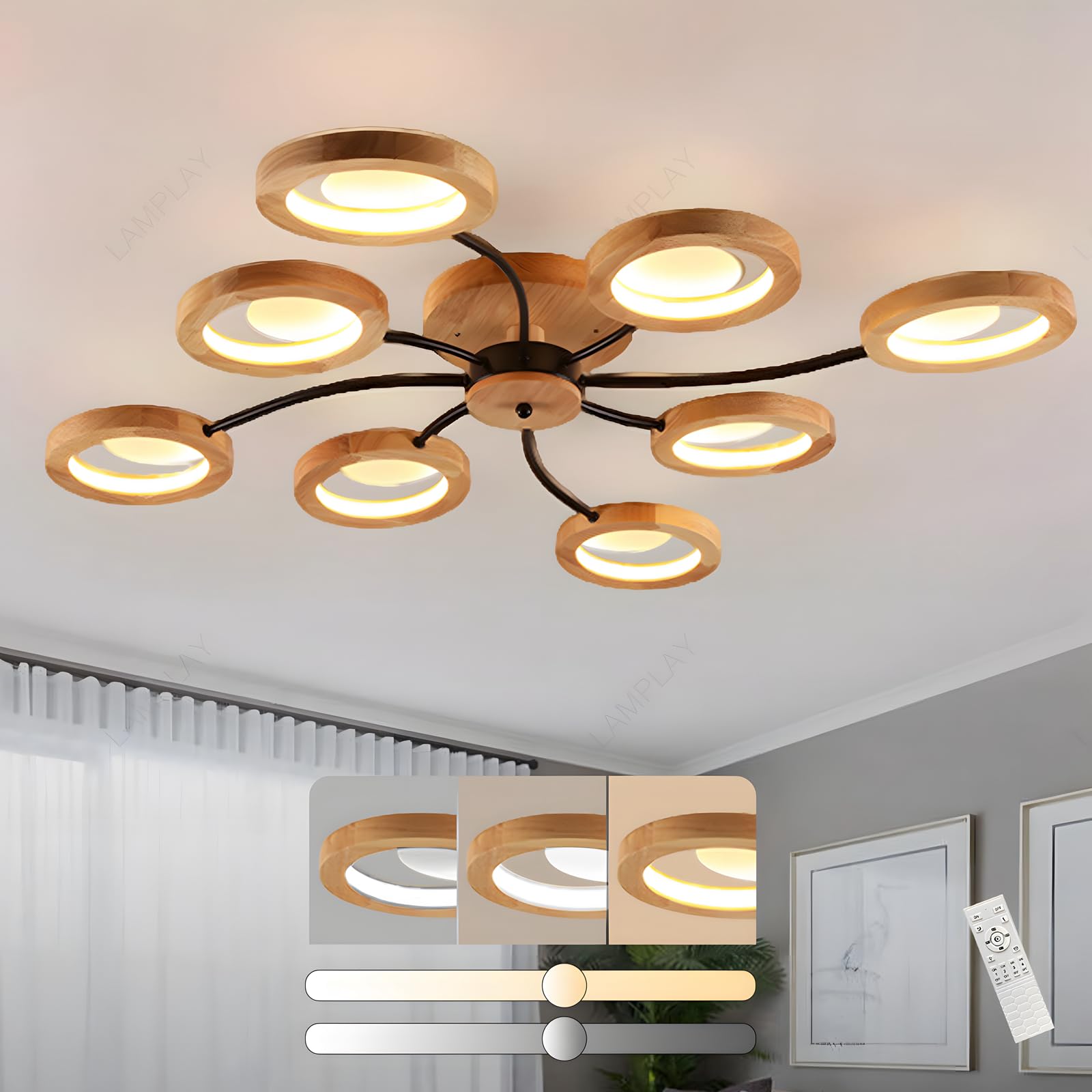 Lampada Da Soffitto Moderna A LED, Lampadario Ø114cm Dimmerabile Con Telecomando 3000K-6000K, Braccio Nero + 8 Anelli In Legno, Paralume In Metallo, Soggiorno Camera Da Letto Sala Da Pranzo