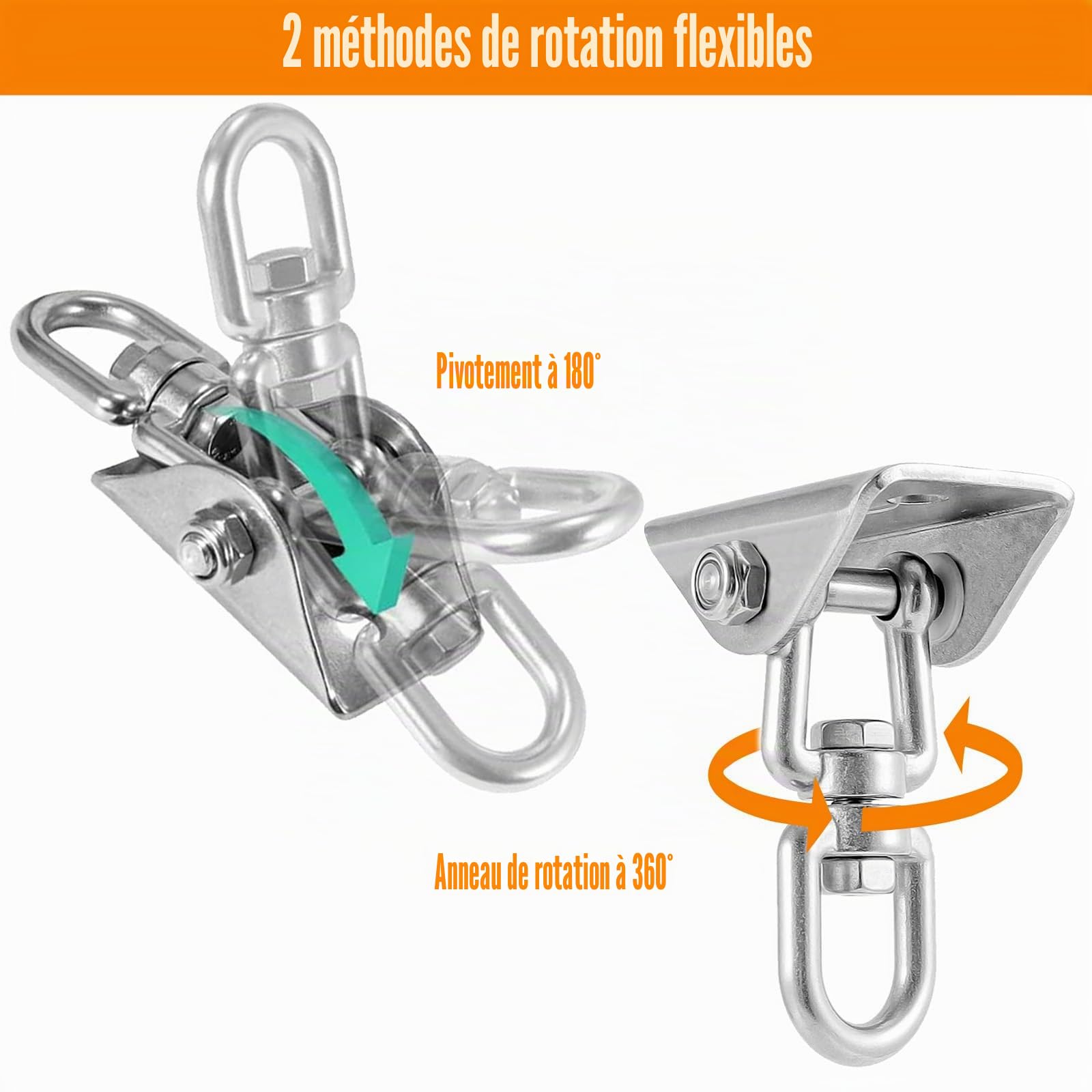 2 Pièces 360° Rotation Crochet Plafond Charge Lourde, Support Sac Frappe avec Vis Fixation, Crochet Suspension Acier Inoxydable pour Chaise Suspendue, Balançoire, Serviette Yoga (450kg Capacité)