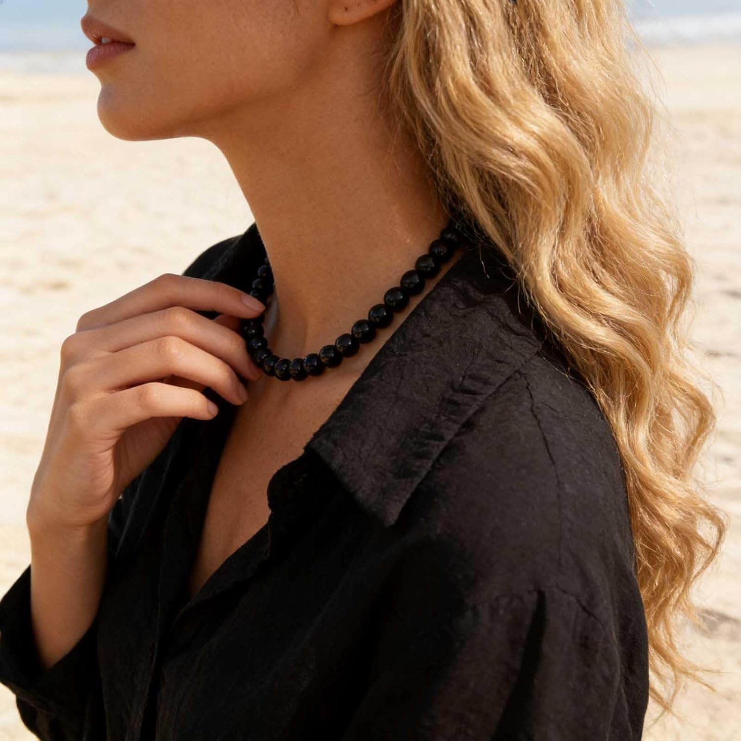 Boho Black Bead Necklace Black Onyx Beaded Necklace Vintage Beads Strand Choker Necklace Adjustable Ball Bib Collar Necklace Jewelry for Women - Image 4