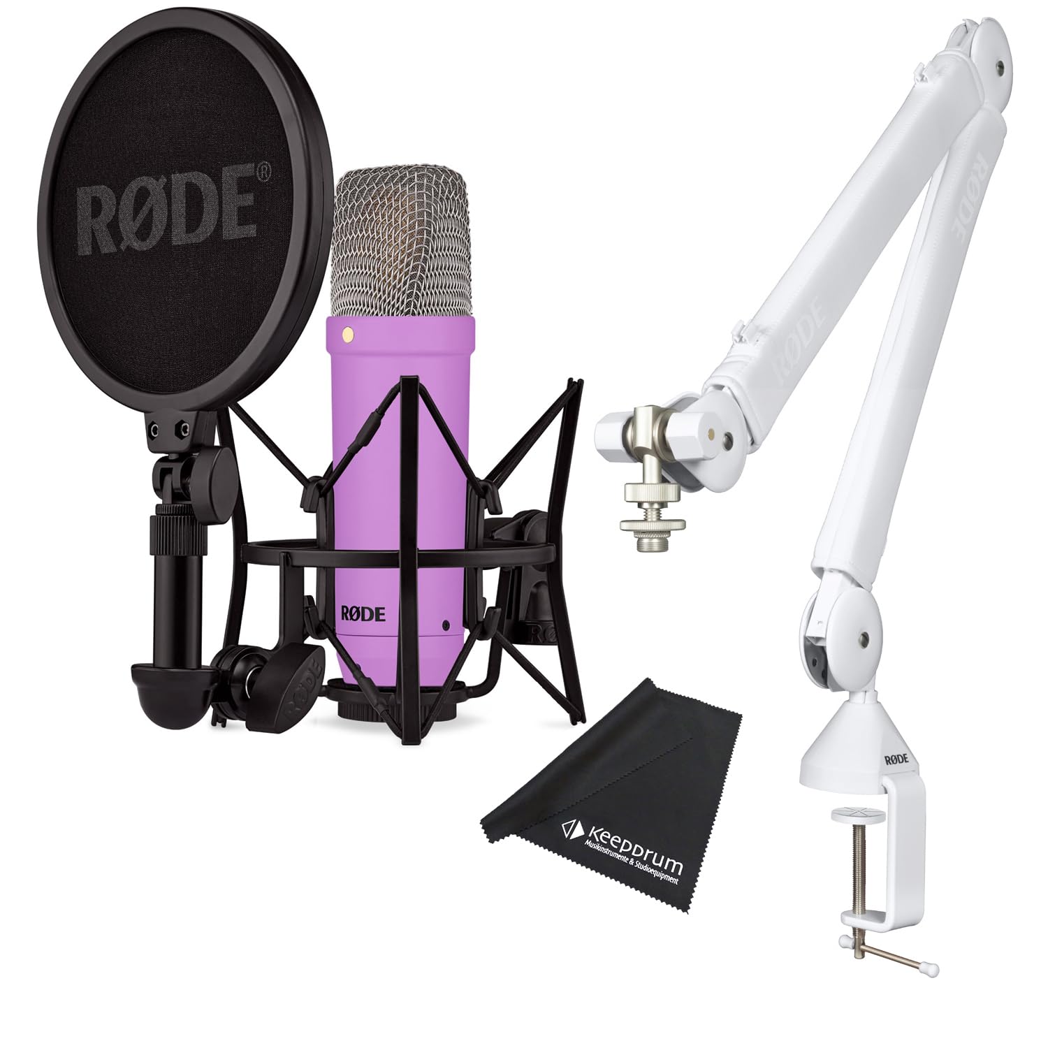 Rode NT1 Signature Purple - Micrófono de estudio (incluye trípode de brazo articulado PSA1 W Plus, incluye gamuza de microfibra), color morado