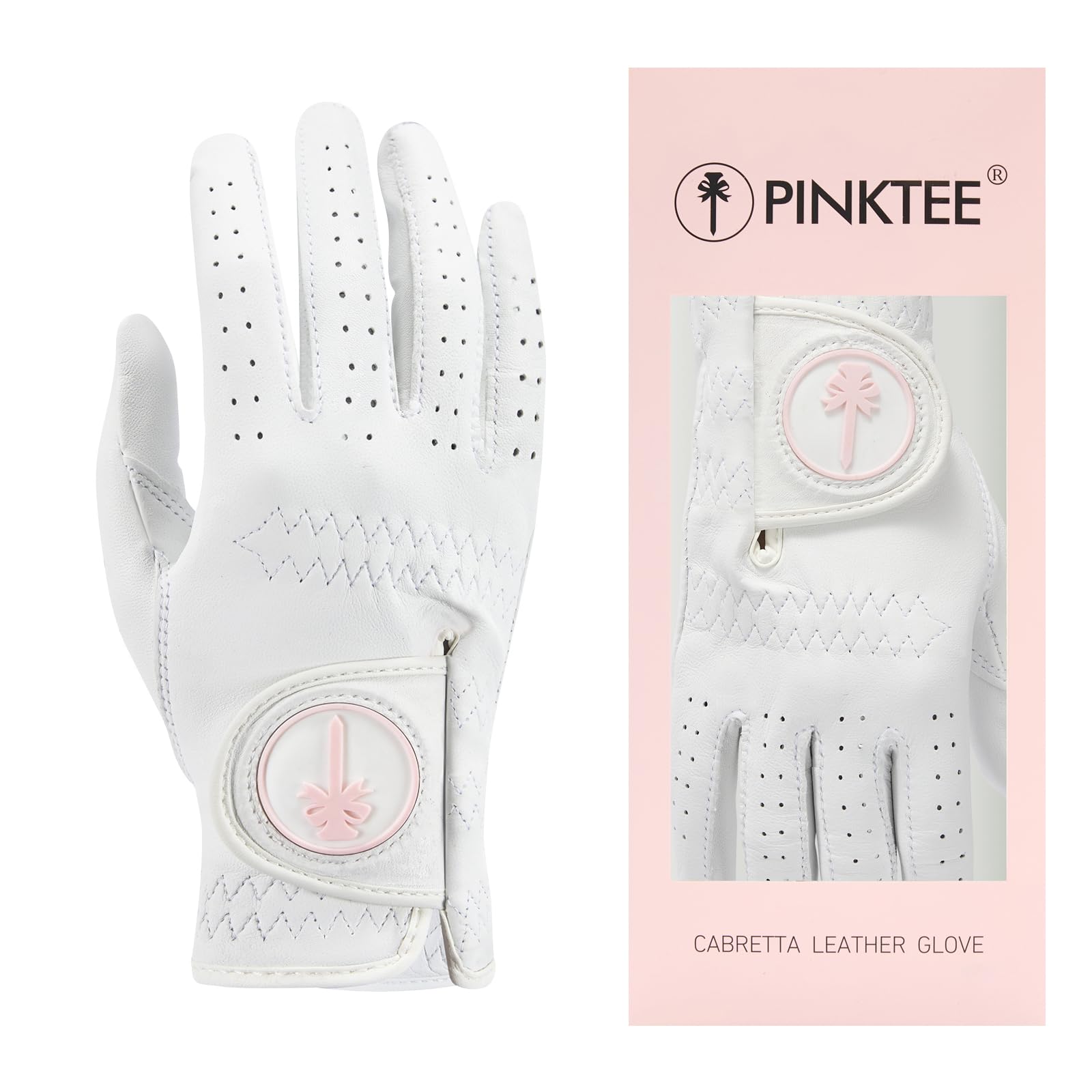 PINKTEE Women's Golf Glove Cabretta Leather with Enhanced Grip Ladies Soft Pink Glove Fit Size Small Medium Large XL (L, Right)