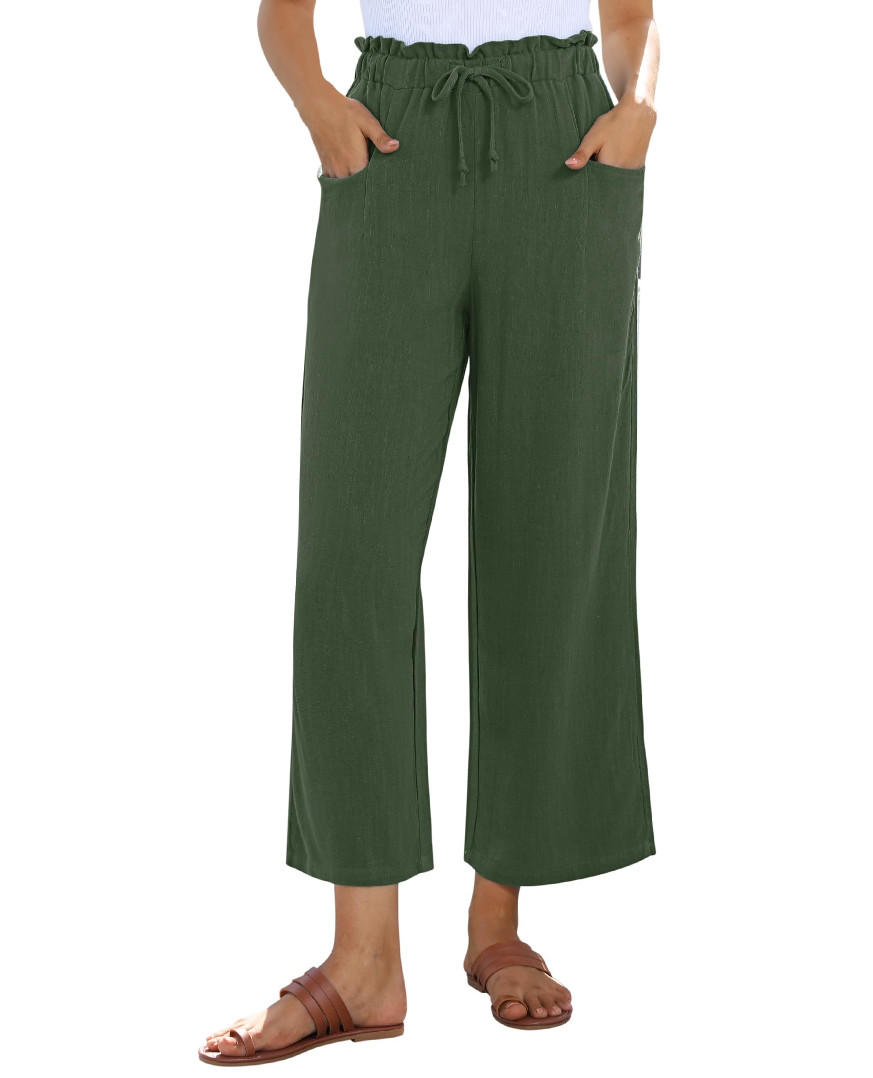 siliteelon Wide Leg Linen Pants for Women Summer Capri Palazzo Flowy Pants Casual Loose High Waist Trousers with