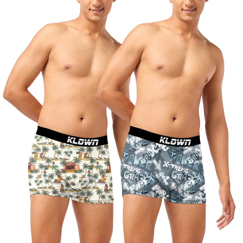 klown Pack of 2 Printed Trunk for Men | Cotton Blend | Soft & Stretchable | Stylish Men's Underwear | Comfortable Fit | Assorted Prints | Innerwear for Men |Grey-White-Green-picture-42