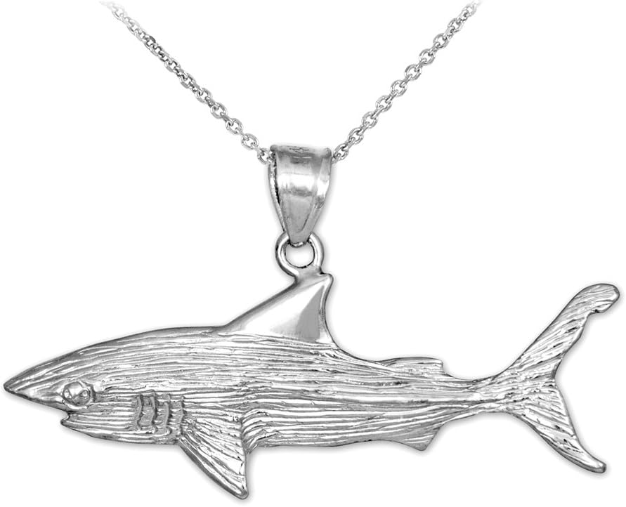 925 Sterling Silver Textured Charm Great White Shark Pendant Necklace