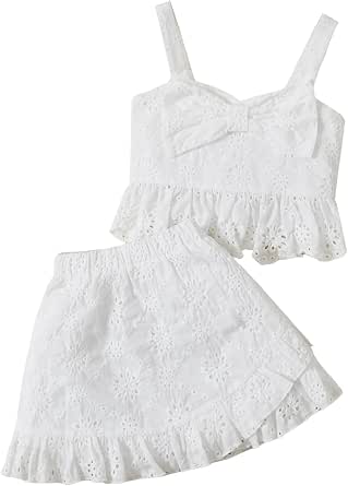 WDIRARA Toddler Girl's 2-Piece Outfit - Pearl & Bow Crop Top With Ruffle Shorts Set