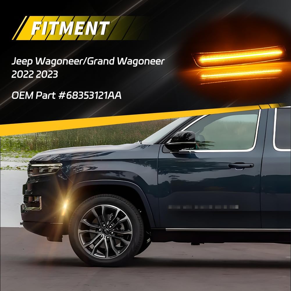 Front Side Marker Light Compatible with J'eep Wagoneer/Grand Wagoneer 2022 2023, [DOT Certified] Amber LED Turn Signal Marker Light, OEM Part #68353121AA, 68353120AA, 2 PCS, Smoked Lens
