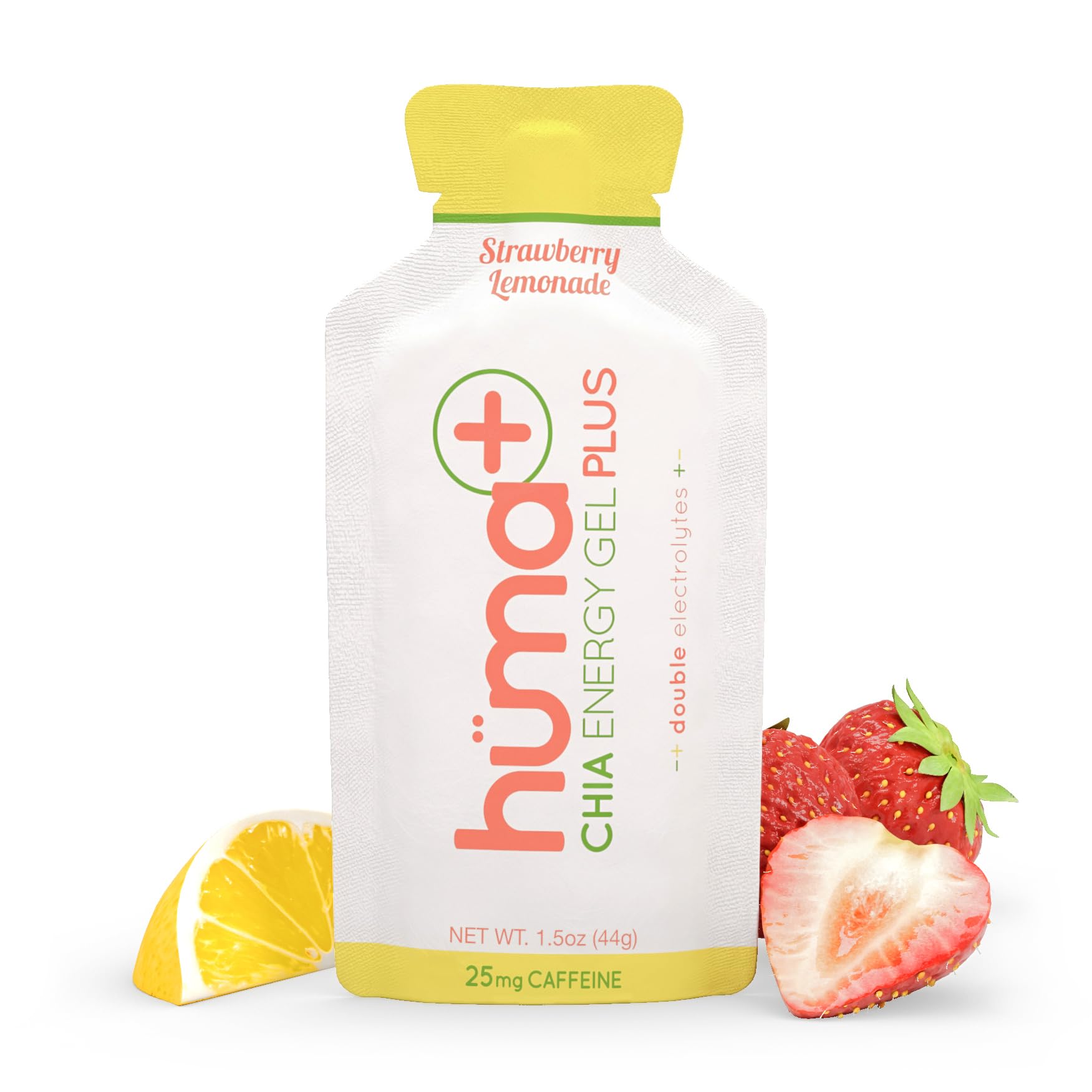 Huma Plus (Double Electrolytes) - Chia Energy Gel, Strawberry Lemonade, 24 Gels, 25mg Caffeine - Stomach Friendly, Real Food Energy Gels