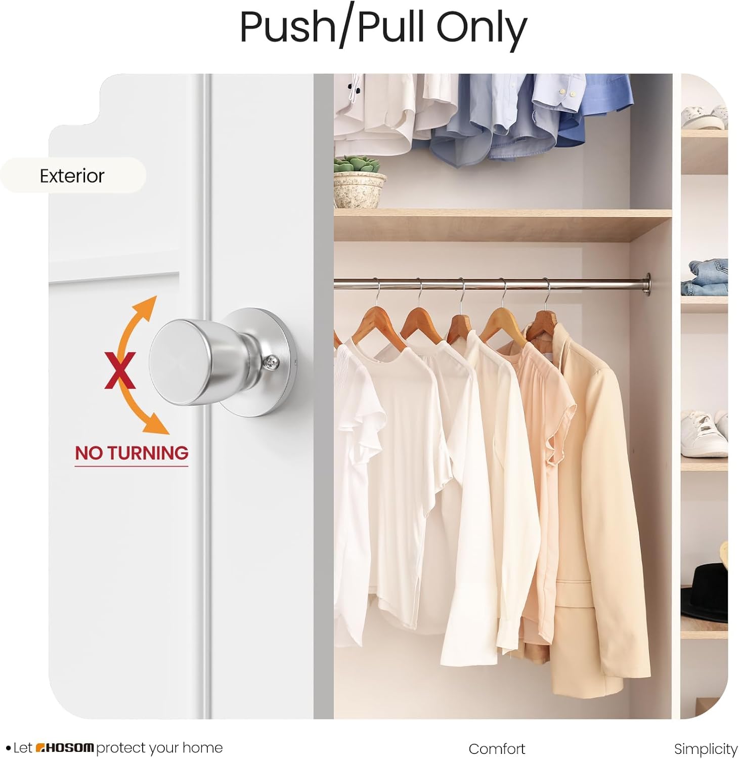 Image illustrating the 'Push/Pull Only' feature of the HOSOM Dummy Door Knob, showing it does not turn.