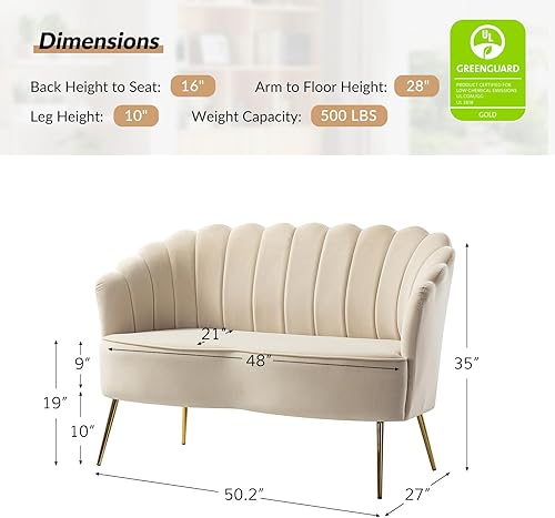 Miniatura 189 de HULALA HOME Moderno sofá biplaza de terciopelo con respaldo en forma de flor, cómodo sofá tapizado de 2 plazas con patas de metal dorado, sofá