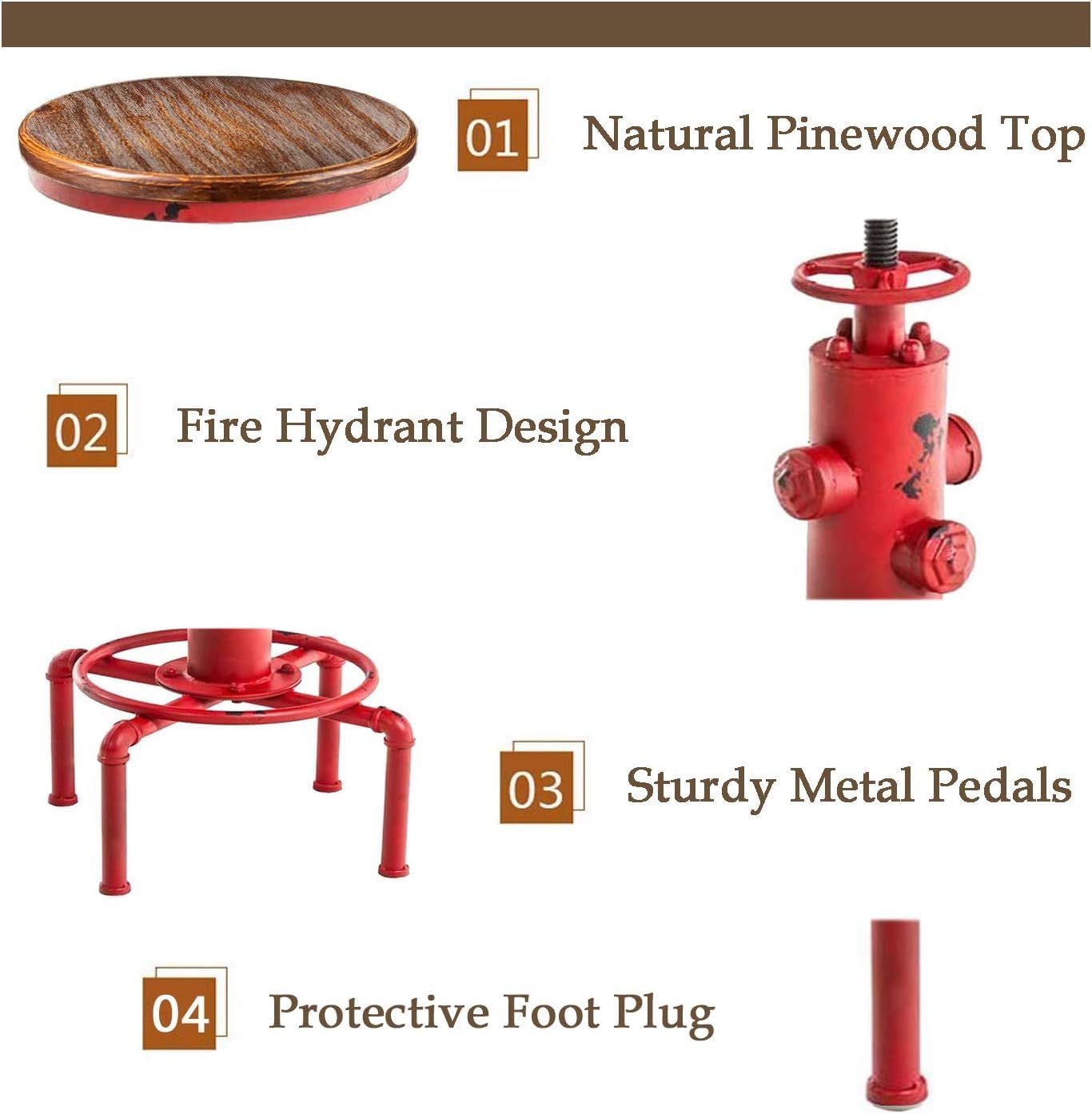 Industrial Bar Stools Set of 2 Vintage Counter Stool for Kitchen Island Farmhouse Breakfast Dining Chair 23.6-29.5inch Height Adjustable Fire Hydrant Design (Aged Red)