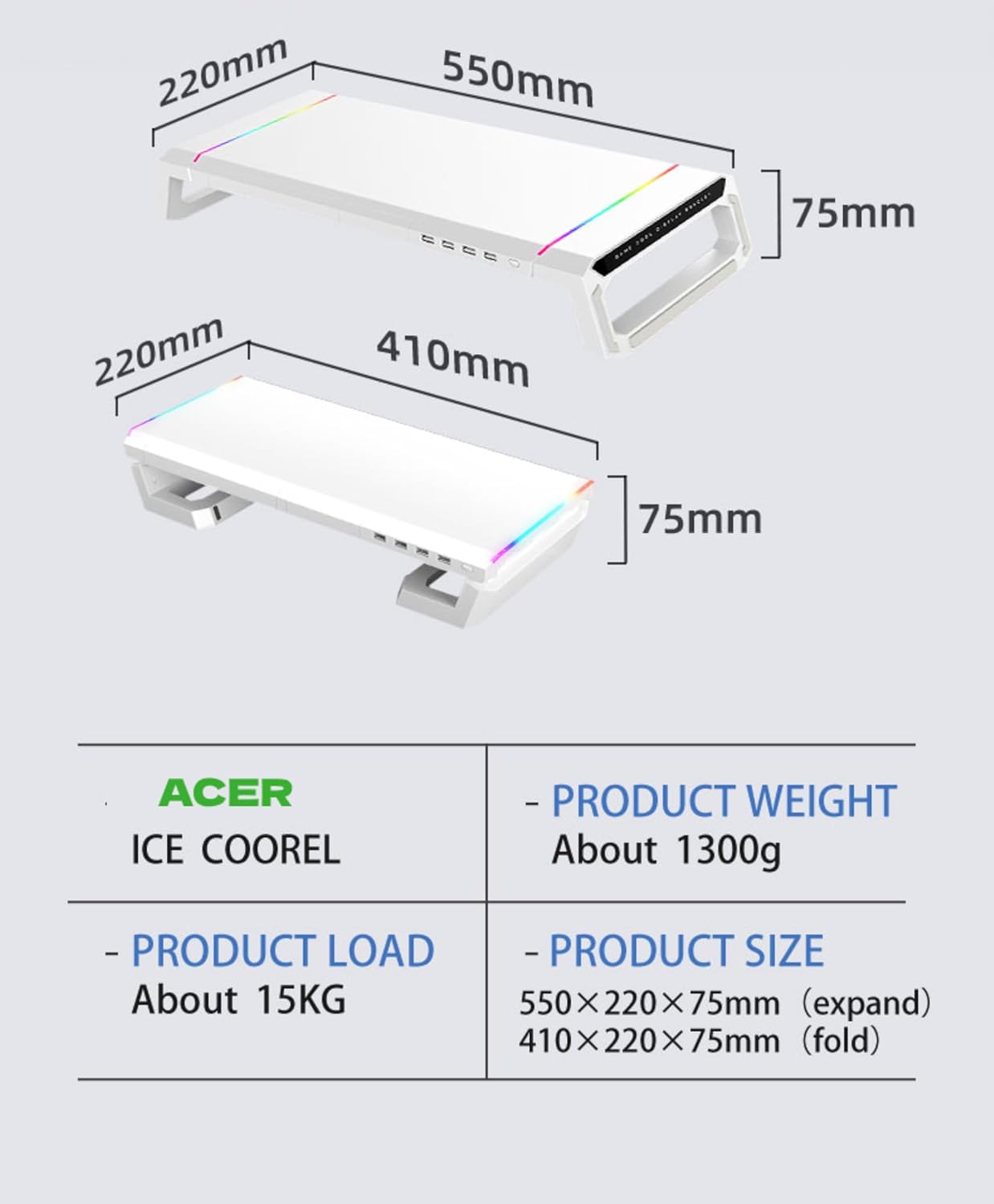Acer Ergo Multifunction Monitor & Laptop Stand Featuring RGB Lighting and a 4-Port USB Hub with Aluminum Multi Keyboard Storage Space Bar, Suitable for Both Office and Home Environments (White) 11 61bOB01r8vL. SL1500