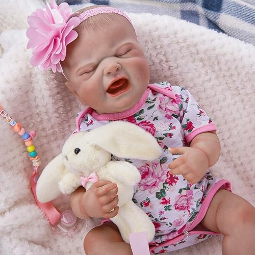 Bebê Reborn Boneca de Silicone Menina Chorona Realista Pintada 48cm Com Coelho e Acessórios