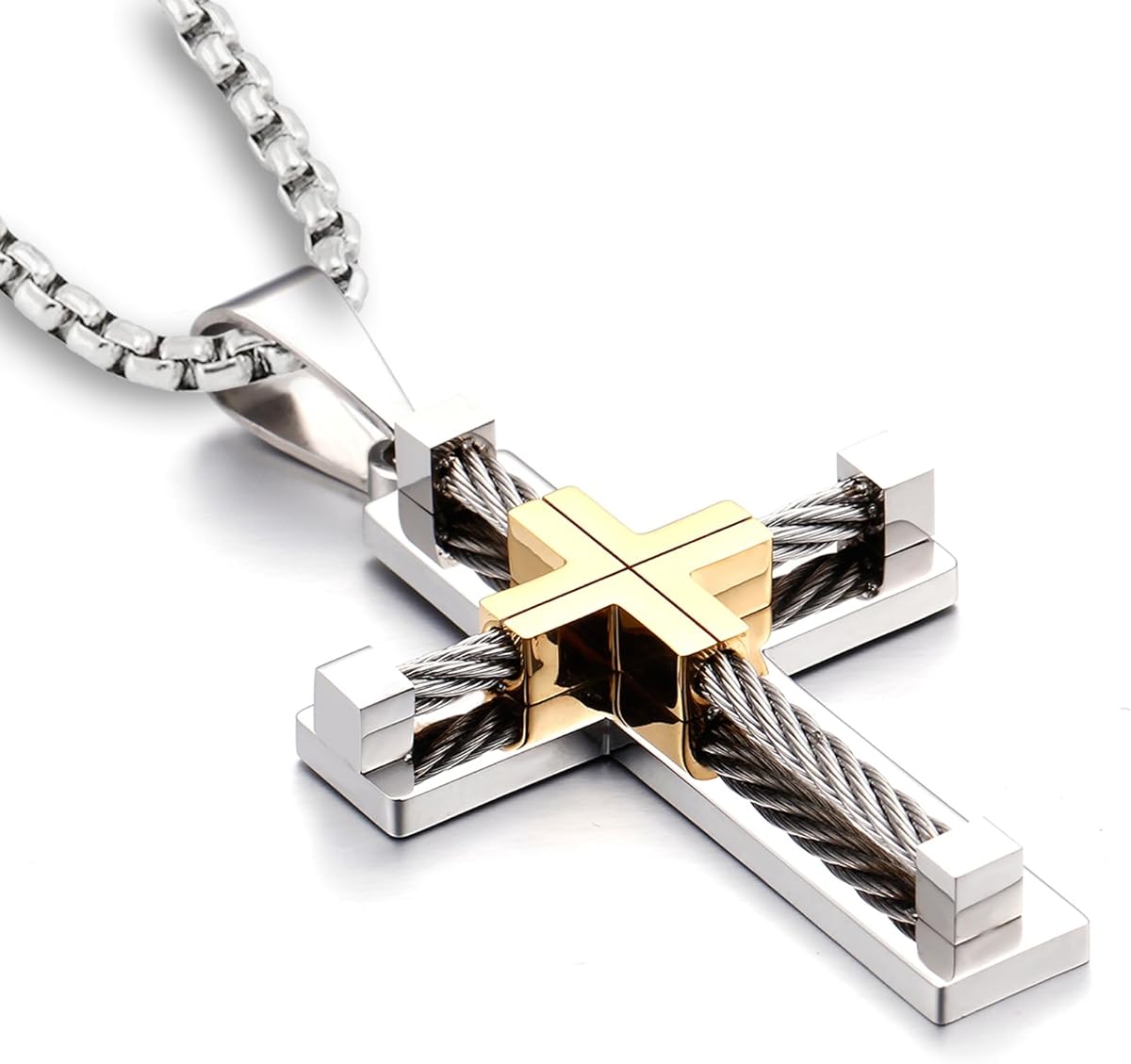 YL Cross Necklace for Men 316L Stainless Steel Jesus Christ Pendant Jewelry Rolo Chain for 20″ 22″ 24″ 26″ 28″