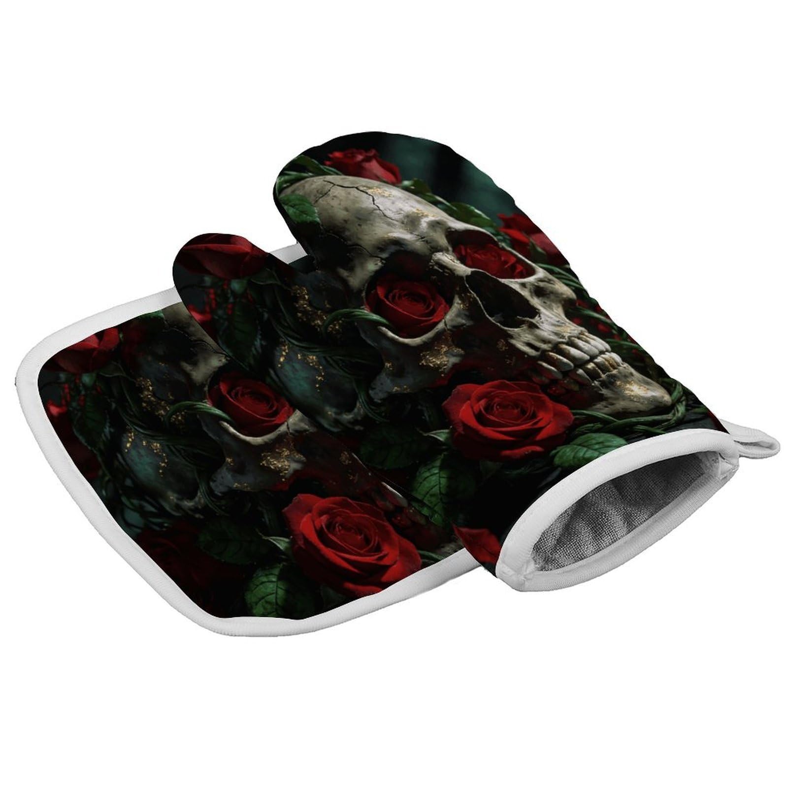 Fodpand Style Skulls And Roses Oven Mitt Set With Lanyard, Cooking Mitt, Protective Thermal Insulation,Kitchen Mitt For Baking, Cooking, Grilling, Microwave