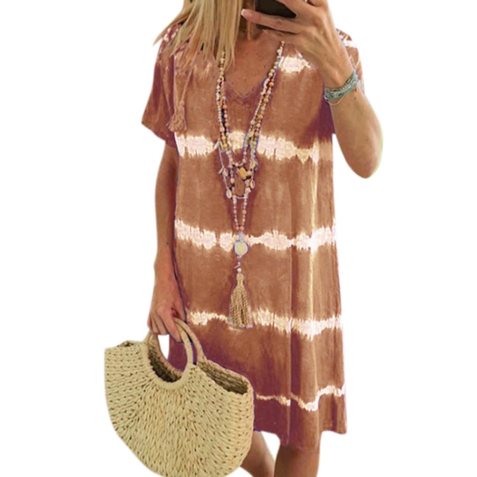 BIUBIULOVE Vestido De Camiseta Suelto De Manga Corta A Rayas Tie-Dye,Vestidos Midi De Manga Corta De Verano para Mujer 2024,Vestidos Midi De Playa con Cuello En V