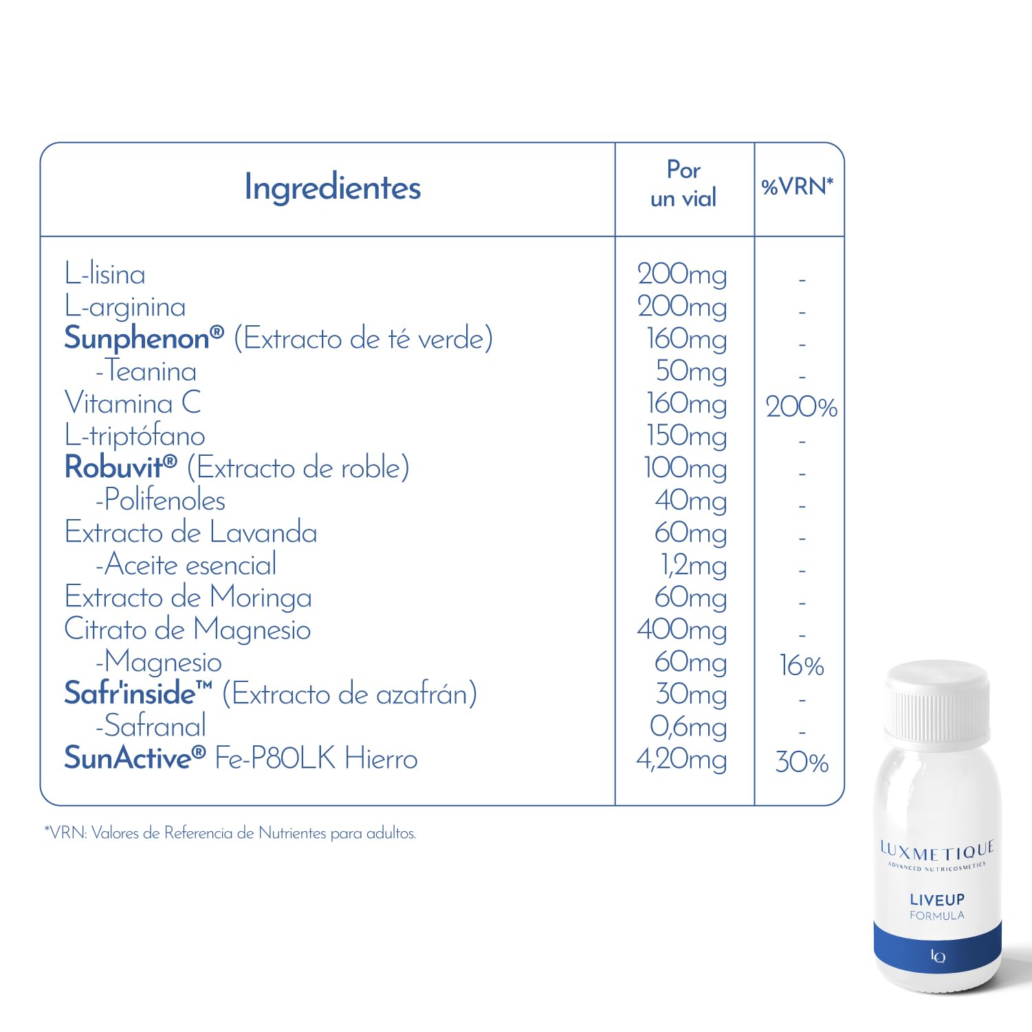 LUXMETIQUE® Liveup Formula - Reduce Estrés y Ansiedad, Mejora el Estado de Ánimo - Con Safr'inside™ (Azafrán), Sunphenon® y Robuvit® - Energía y Rendimiento Físico - 15 Viales Bebibles