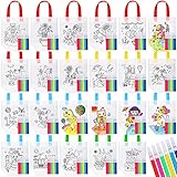 Chunful 48 Pieces Coloring Goodie Gift Bags for Kids Birthday Party Reusable Coloring Tote Bags Cute Cartoon Colorful Party Favor Non Woven with Colorful Pens DIY Crafts (Lovely with Maker)