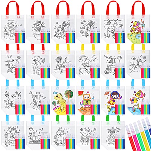 Chunful 48 Pieces Coloring Goodie Gift Bags for Kids Birthday Party Reusable Coloring Tote Bags Cute Cartoon Colorful Party Favor Non Woven with Colorful Pens DIY Crafts (Lovely with Maker)