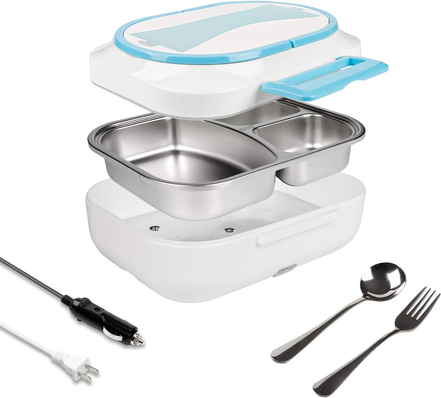 Electric Lunch Box Food Warmer for Car Truck and Home Portable Food Warmer Heater 3 compartment Container with Spoon and Fork Lunch Box White Blue