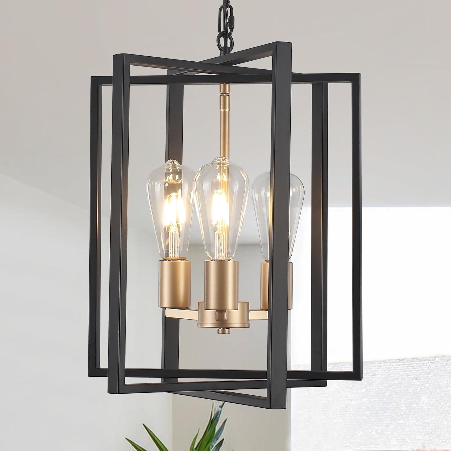 Black Gold Chandelier for Dining Room, Modern Farmhouse 3 Light Entryway Pendant Light Fixture Adjustable Geometric Industrial Rustic Foyer Light for Living Room Kitchen Island Hallway Bedroom