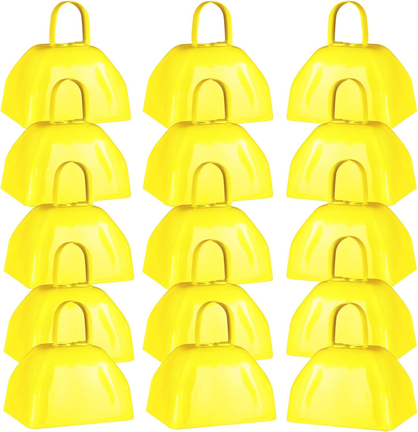 15 Pack Metal Cowbells 3 Inch Yellow Cow Bell with Handles, Small Hand Percussion Cowbell, Bulk Loud Cow Bells Noise Makers for Cheering, Sporting Events, Weddings, Concert, Farm
