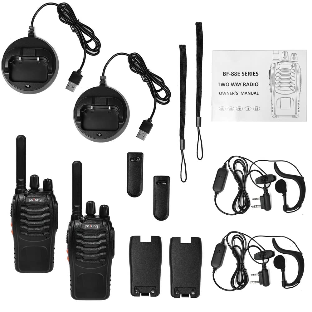 Talkie Walkie PT88E PMR446 sans Licence 16 Canaux, Rechargeable avec Chargeur USB, Lampe de Poche LED, Talkie Walkie Professionnel avec Oreillette pour la Famille, l'école (2pcs, Noir)