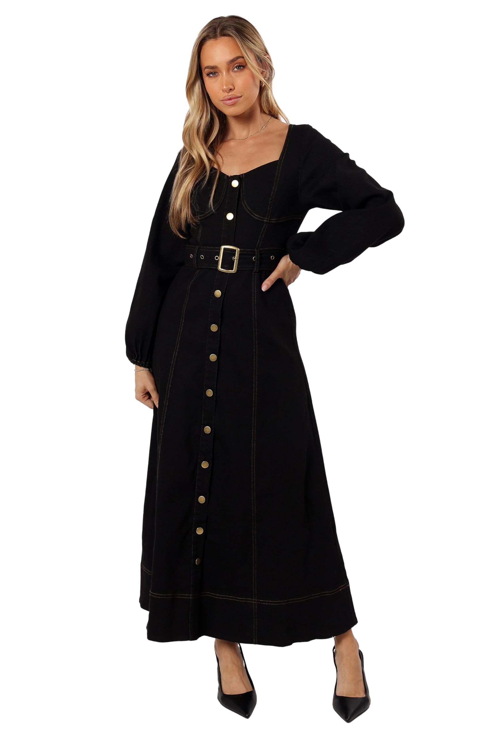 Petal Pup Womens Mateo Long Sleeve Denim Dress-Black