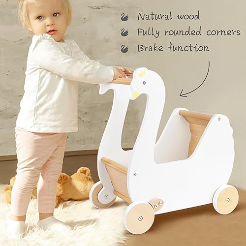 Miniatura 5 de Cochecito de muñeca de madera, juguete de cochecito de bebé, caminante de madera para niños y niñas de 18 meses en adelante