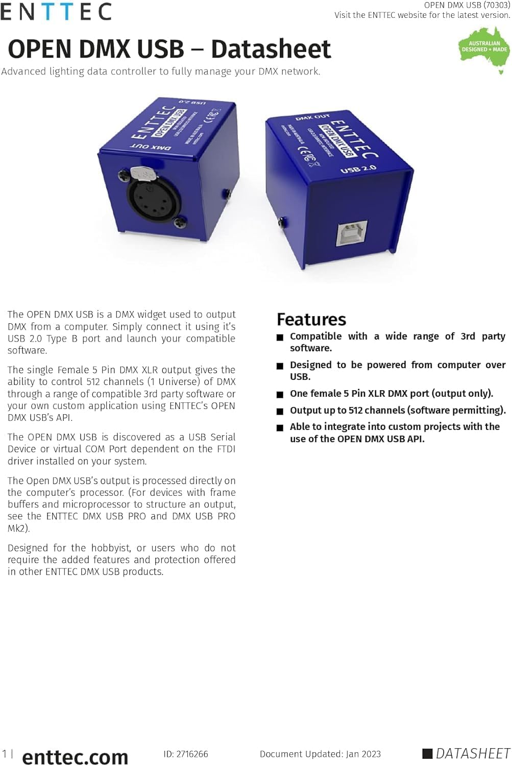Enttec Open DMX USB 70303 - Controller widget per interfaccia di illuminazione (open source/hardware), con adattatore SIRS-E da 5 pin a XLR a 3 pin, con panno SIRS-E per la pulizia