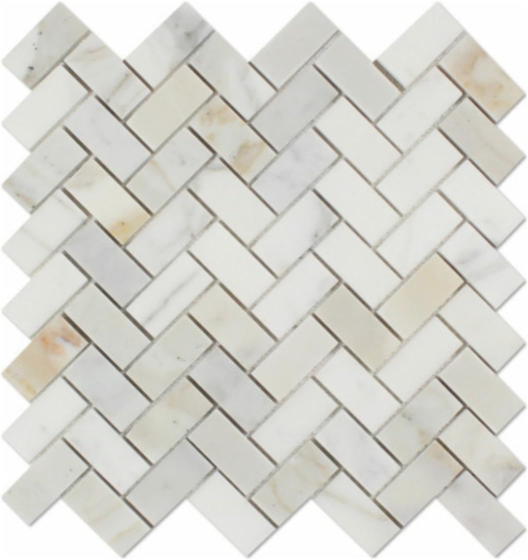 Italian Calacatta (Calcutta) Gold Marble 1 X 2 Herringbone Mosaic Tile, Honed