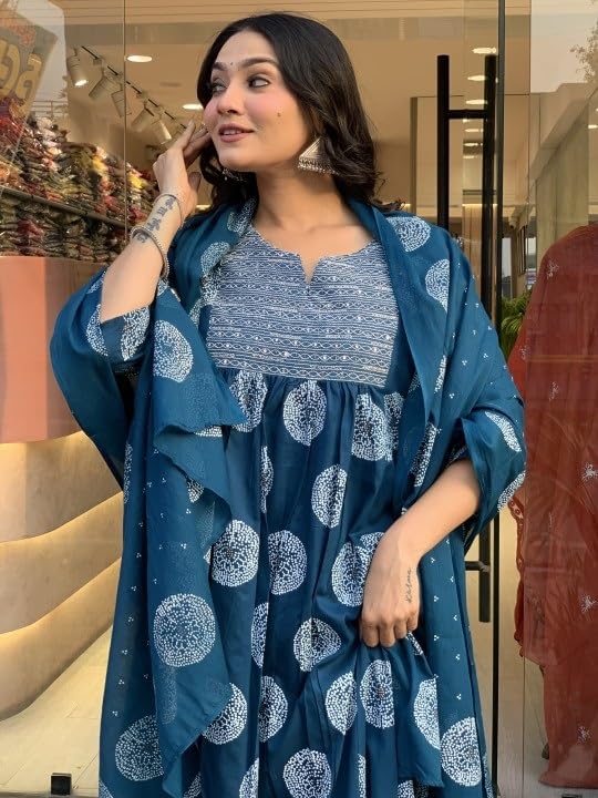 Nermosa Women Printed Anarkali Kurta And Pant Set With Dupatta | Suit Set | (In, Alpha, 2Xl, Blue)