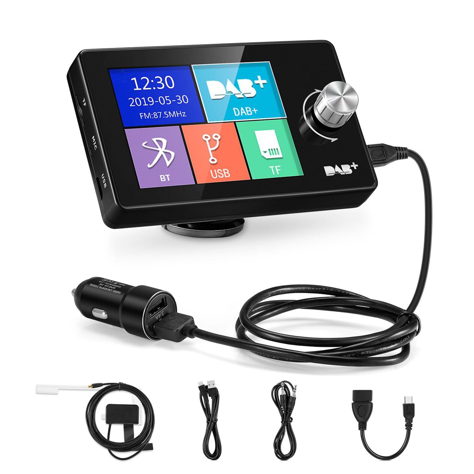 Adaptador Dab/Dab+ 2.8 Pulgadas con FM Bluetooth y Manos Libres AUX USB TF | Pantalla a color con transmisor FM soporte AUX IN OUT y reproducción de U Disk y TF Card