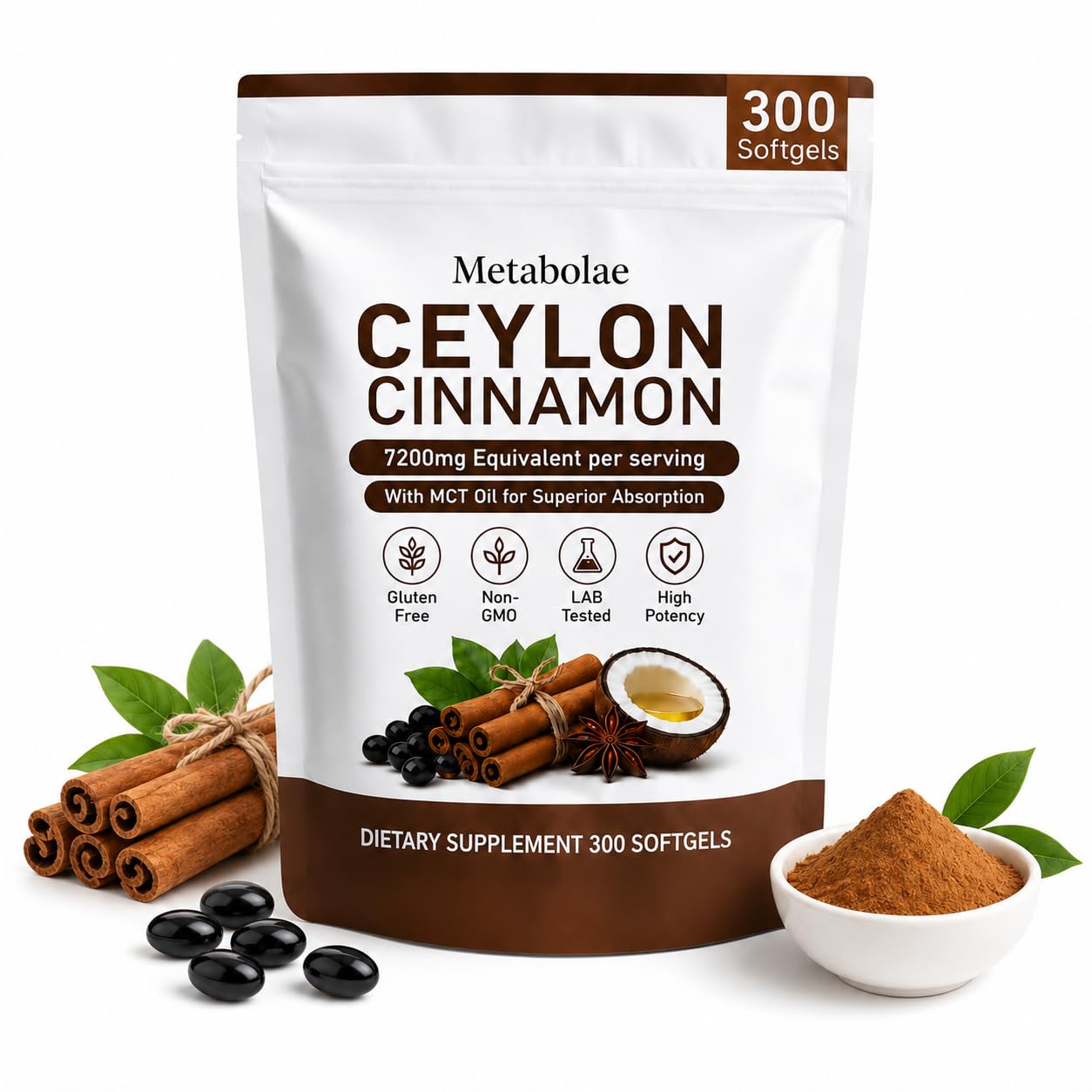 Metabolae Ceylon Cinnamon Softgels, Equivalent per Serving, Gluten Free, Non-GMO, Daily Cinnamon Supplement, 300 Softgels