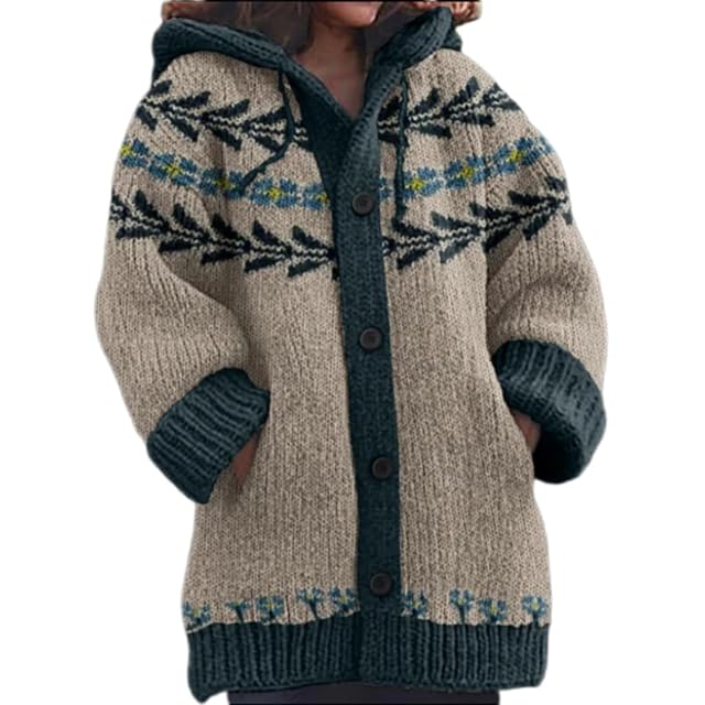 Womens Ethnic Floral Hooded Cardigan Long Sleeve Button Cardigans Midi Knit Jacket Fall Winter Warm Cat Print Sweater