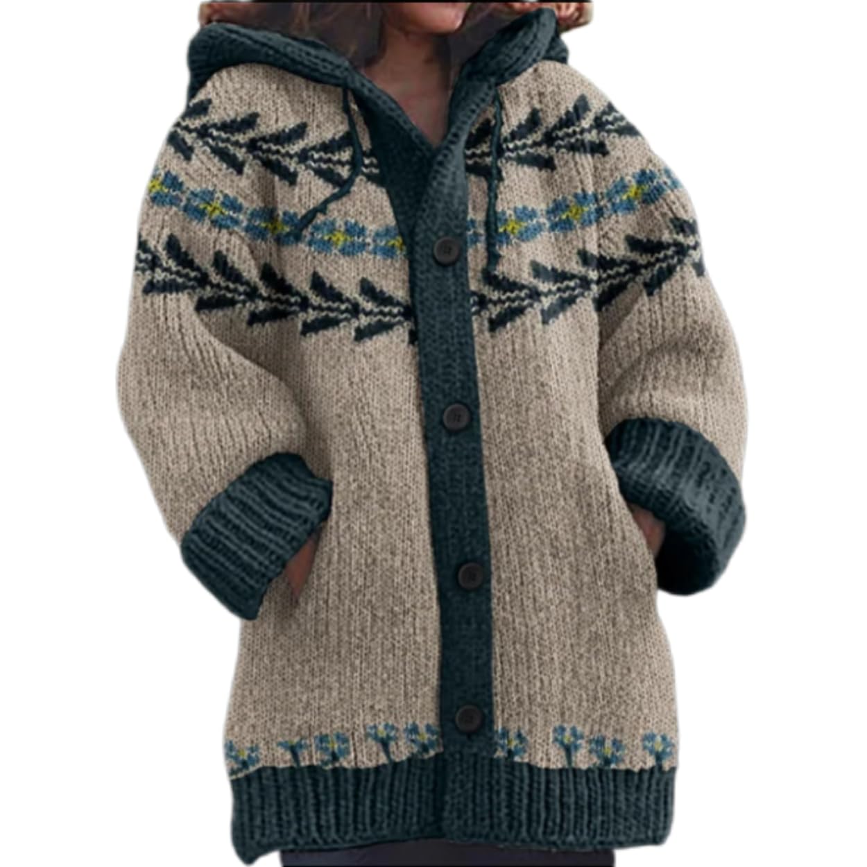 Womens Ethnic Floral Hooded Cardigan Long Sleeve Button Cardigans Midi Knit Jacket Fall Winter Warm Cat Print Sweater