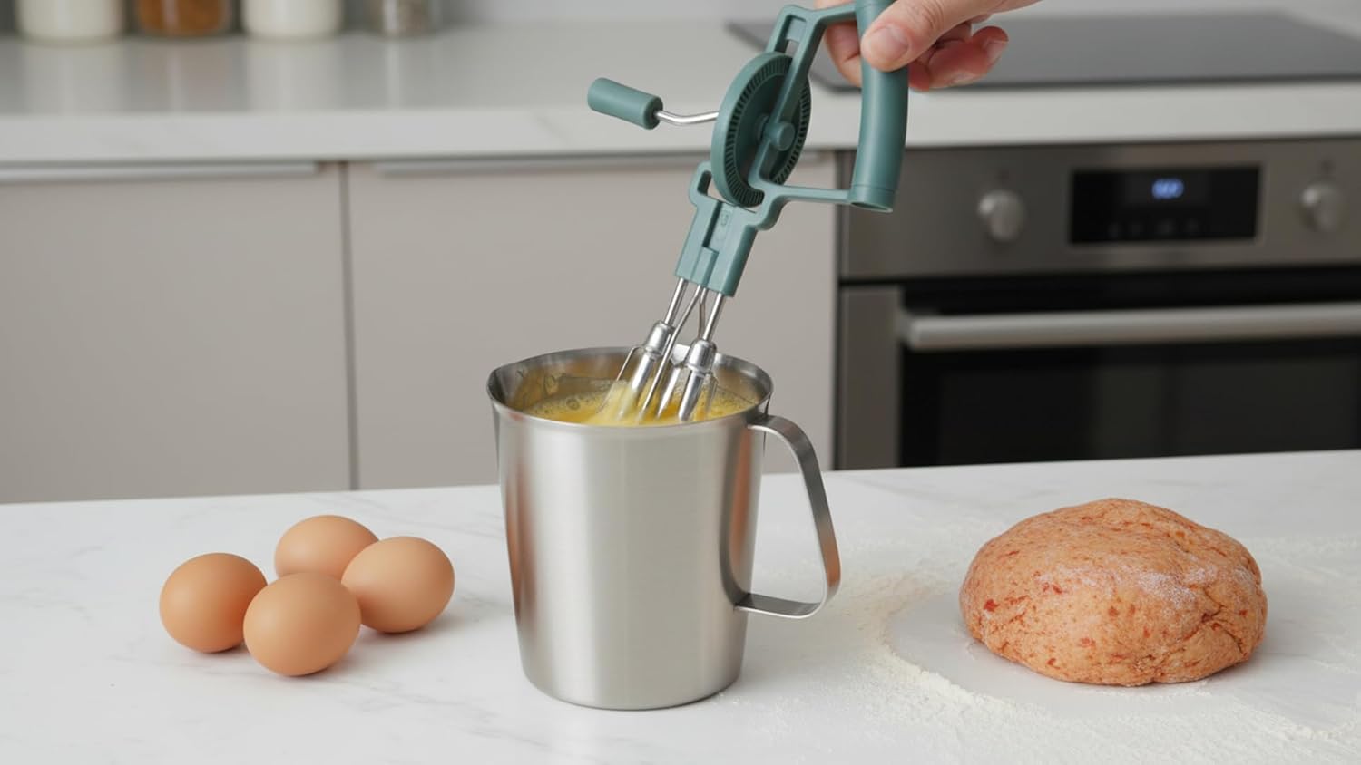 Rotary Hand Crank Egg Beater with Stainless Steel Measuring Pitcher Combo Set, Double Head Manual Whisk Whipping with 4-Cup Jug for Cooking, Baking, Latte Art