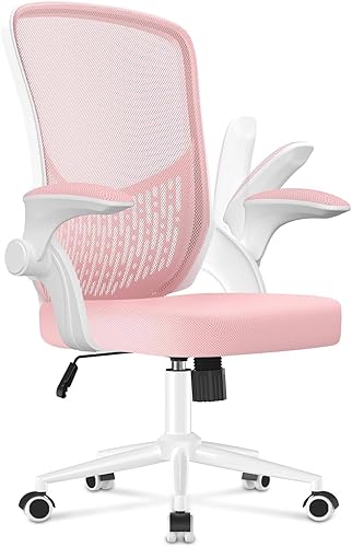 naspaluro Ergonomischer Bürostuhl, Schreibtischstuhl mit klappbaren Armlehnen, höhenverstellbar, Neigefunktion, atmungsaktive Rückenlehne, Drehstuhl 360°, weiß-rosa - Rosa - ohne Kopfstütze