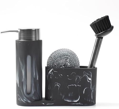 Juego de dispensador de jabón de cocina 3 en 1, dispensador de jabón para platos con soporte para esponja, cepillo de platos y soporte para cepillo,