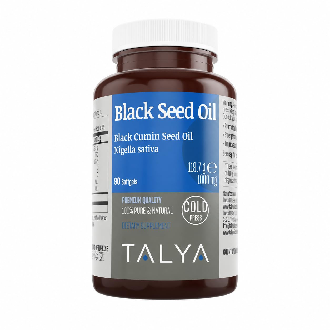 TALYA Black Seed Oil Softgel with High Thymoquinone - Immune Support - Digestive Health - Brain Function - Joint Mobility - Cold-Pressed - Non-GMO - Turkish Black Cumin Seed 90 Capsule