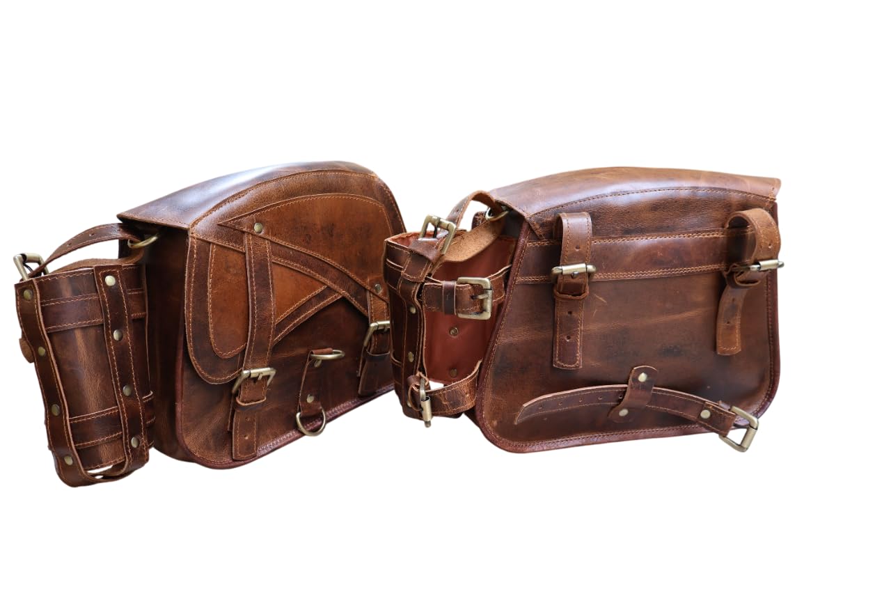 american blue Set di 2 borse da moto in vera pelle, borsa da sella, borsa da bicicletta, borse vintage a forchetta, amanti della bicicletta (Bottle Holder Bag Set)