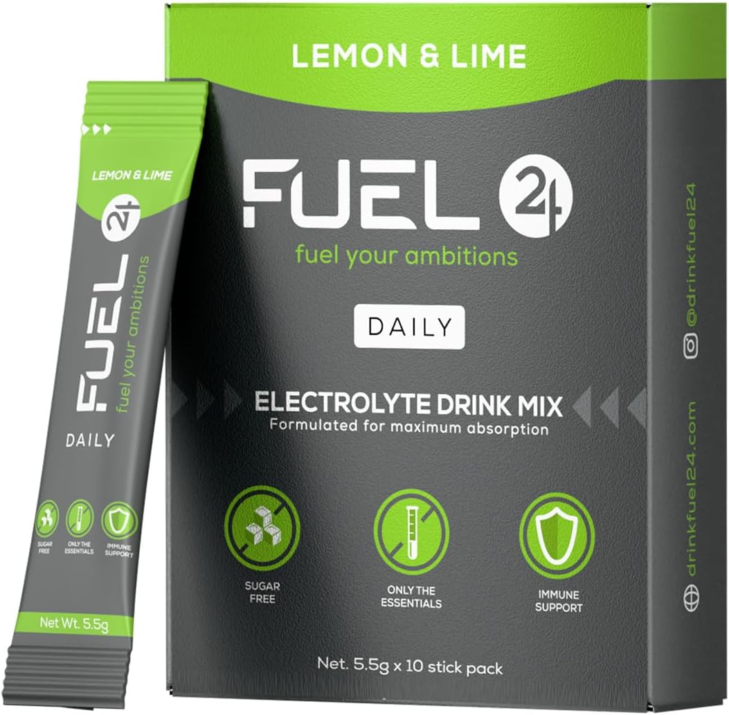 Fuel24 Electrolytes - Daily Hydration Sachets, Zero Sugar, Electrolyte Powder (10 or 30 Pack) Essential Minerals - Sodium, Magnesium, Potassium, Vitamin C B12 & L Glutamine (10 Pack, Lemon Lime)