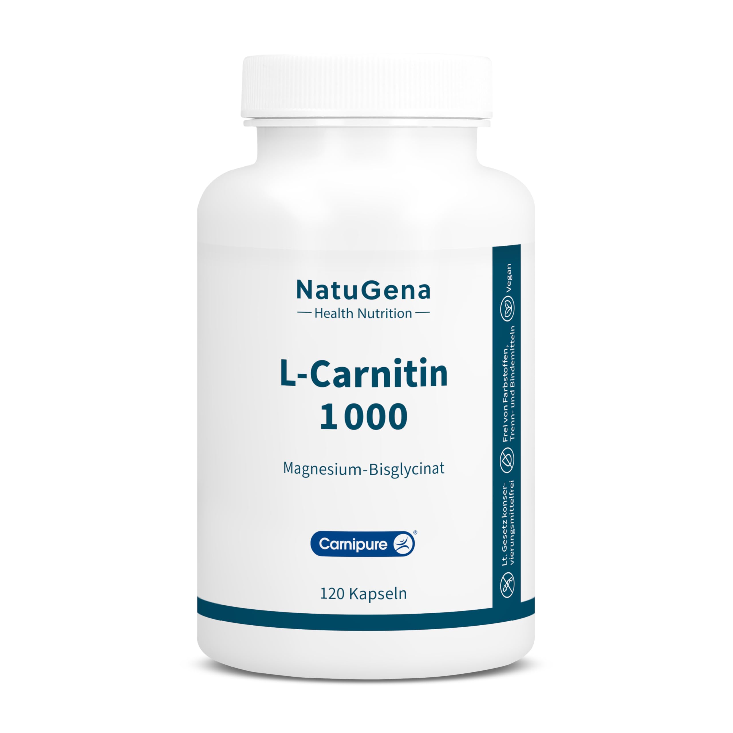 NatuGena L-Carnitin 1000, Carnipure L-Carnitin-Tartrat, Magnesium, 120 Kapseln (2 Monats Packung)