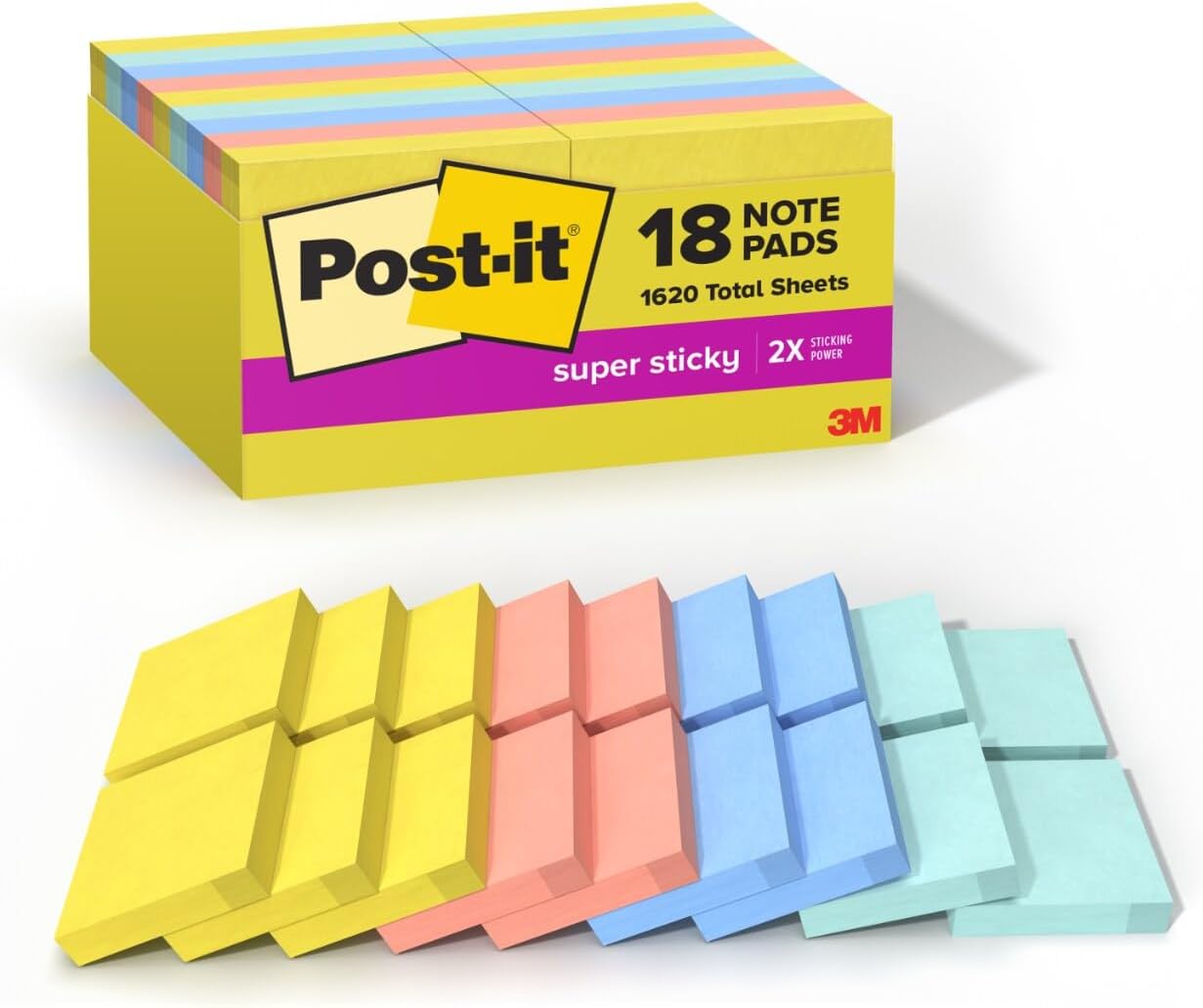 Post-it Super Sticky Notes, Summer Joy, 1-7/8 x 1-7/8 in, 18 Pads