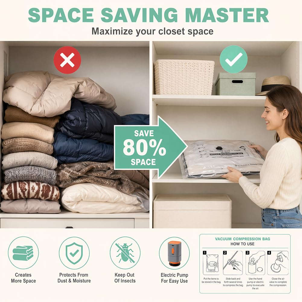 RANJIMA Bolsas de vacío para ropa con bomba de aire eléctrica, bolsas de vacío para edredones, 4 x 40 x 60/4 x 50 x 70/4 x 60 x 80, bolsas de vacío reutilizables bolsas de ropa de cama para familia y