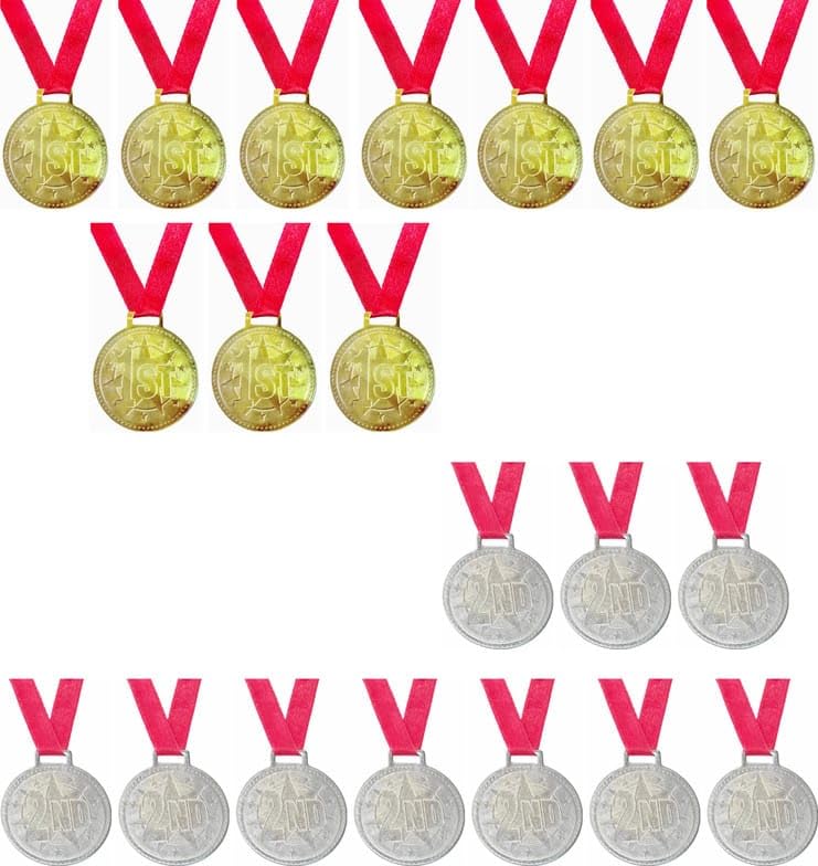 Swastik Enterprises 2 Inches Sports Medal Gold +Silver Medal Combo for School Winner, Sports Champion with red Ribbon (Set of 20)-picture-15