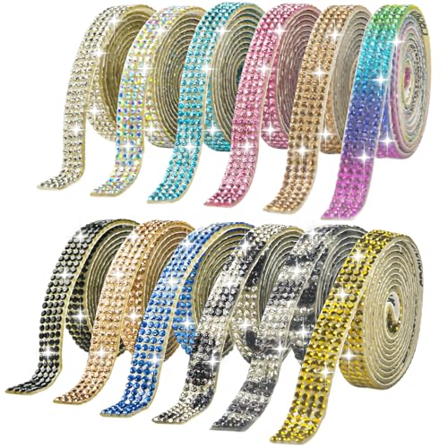 Abitoncc 12PCS Self-Adhesive Crystal Rhinestone Ribbon, Diamond Bling Ribbons Stickers 12-Rolls Bedazzling Strips, 12-Yard Mixed Colors for Crafts, DIY Projects, Wedding, Party, Shoes, Phone Cases