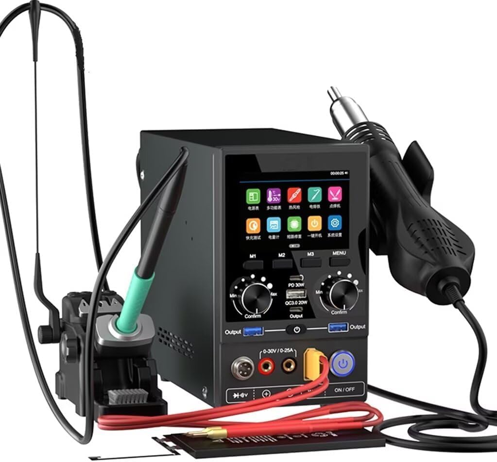 180W 30V/25A Cyfrowe Zasilanie ze Stacją Gorącego Powietrza, Lutownicą i Spawarką Punktową - Wielofunkcyjna Stacja All-in-One do Lutowania i Naprawy Telefonów oraz Elektroniki