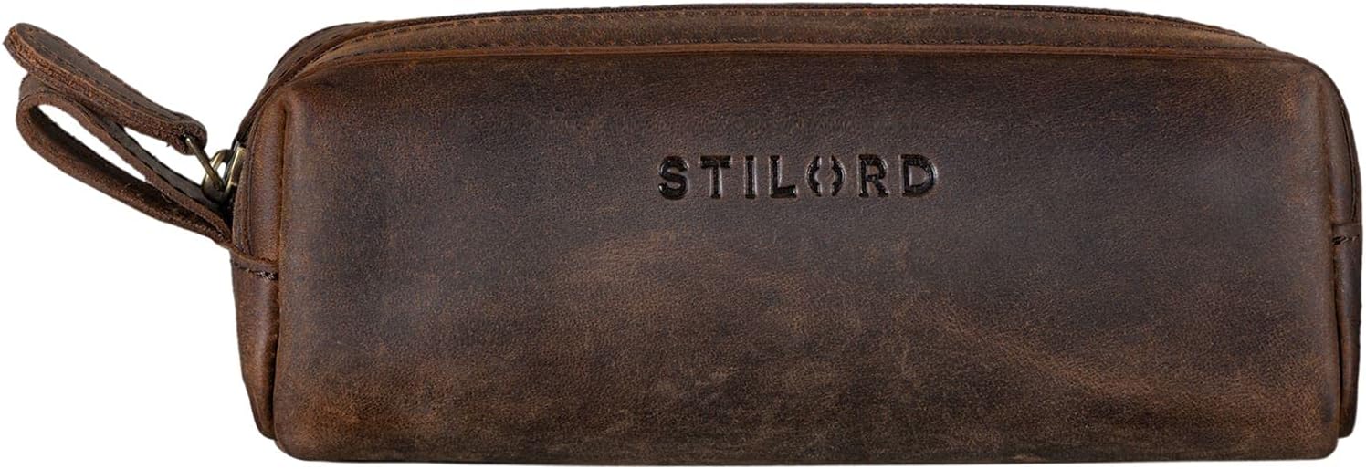 STILORD "Linus" Pencil Case Leather Pen Case Pouch Office University College Women Men Stationary Vintage Leather Colour:Zamora - Brown - Image 3