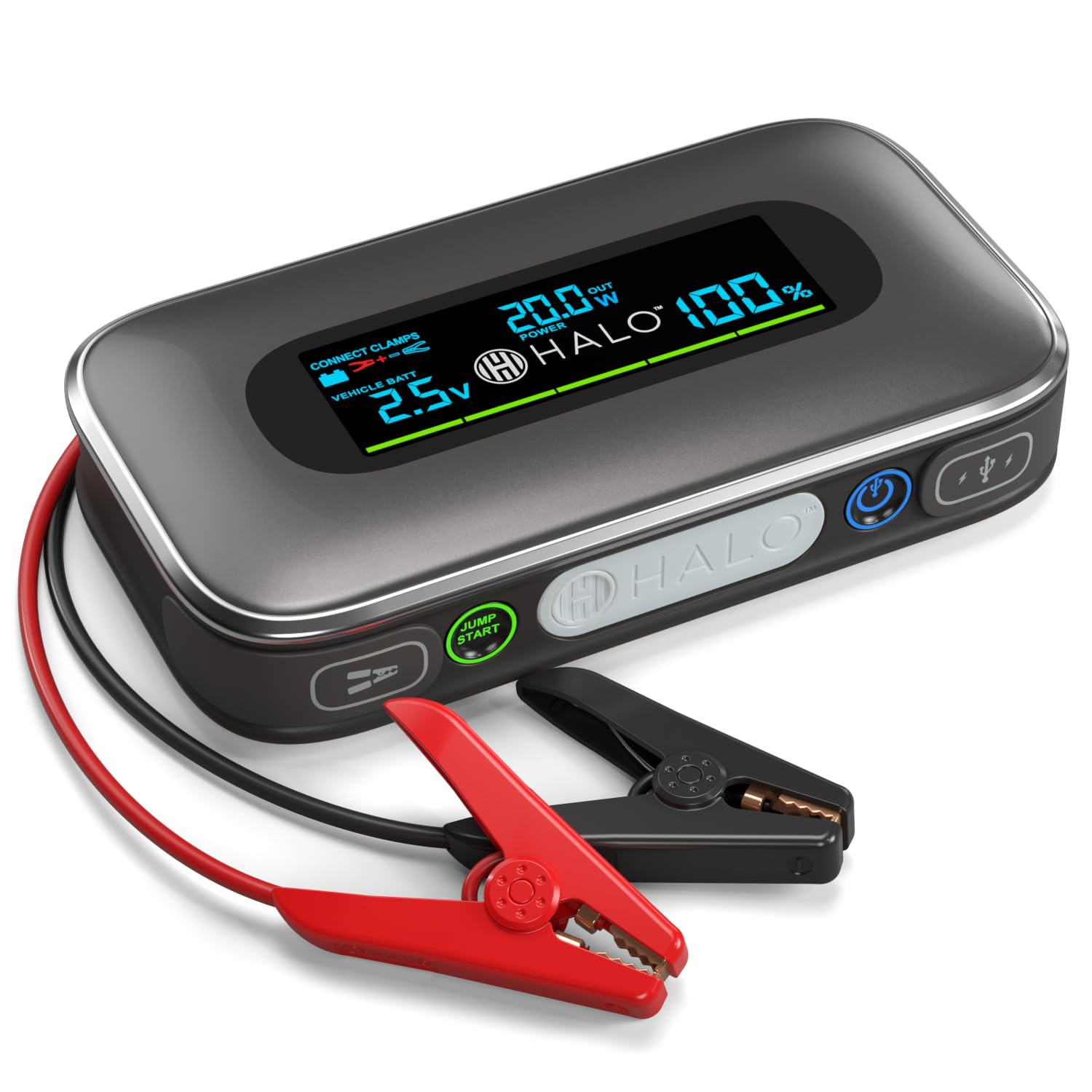 Halo Bolt 1500A Car Battery Jump Starter with Large Digital Screen, Portable 12V Lithium Battery Jump Starter, Portable Power Bank, 3-Mode LED Flashlight, Safe & Simple Design, TSA Approved - Black